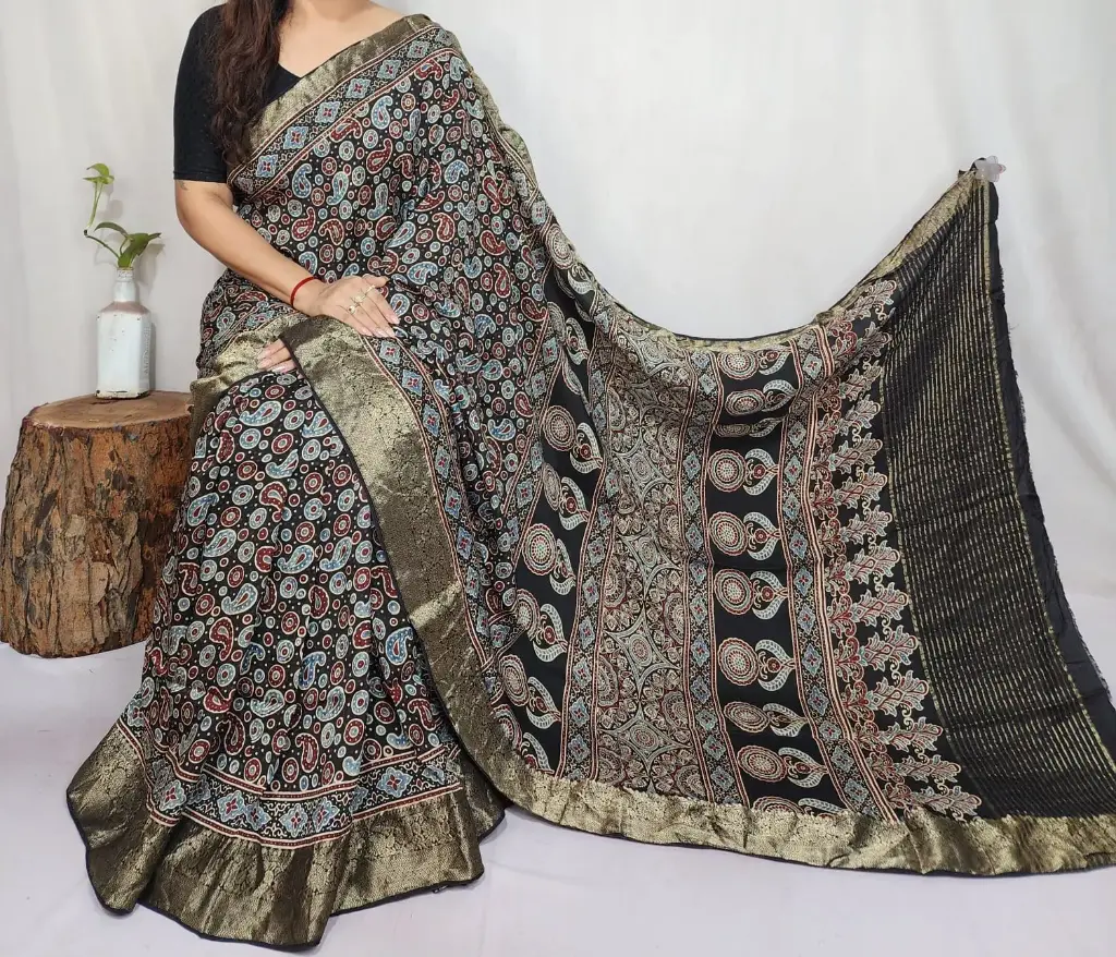 Ajrakh dola silk saree 