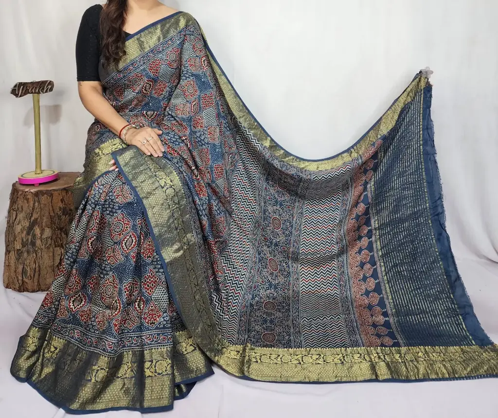 Ajrakh dola silk saree 