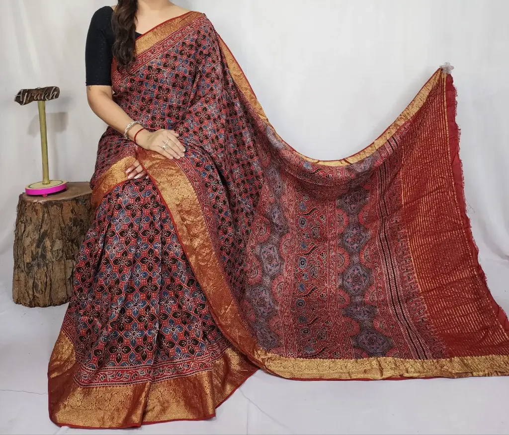 Ajrakh dola silk saree 