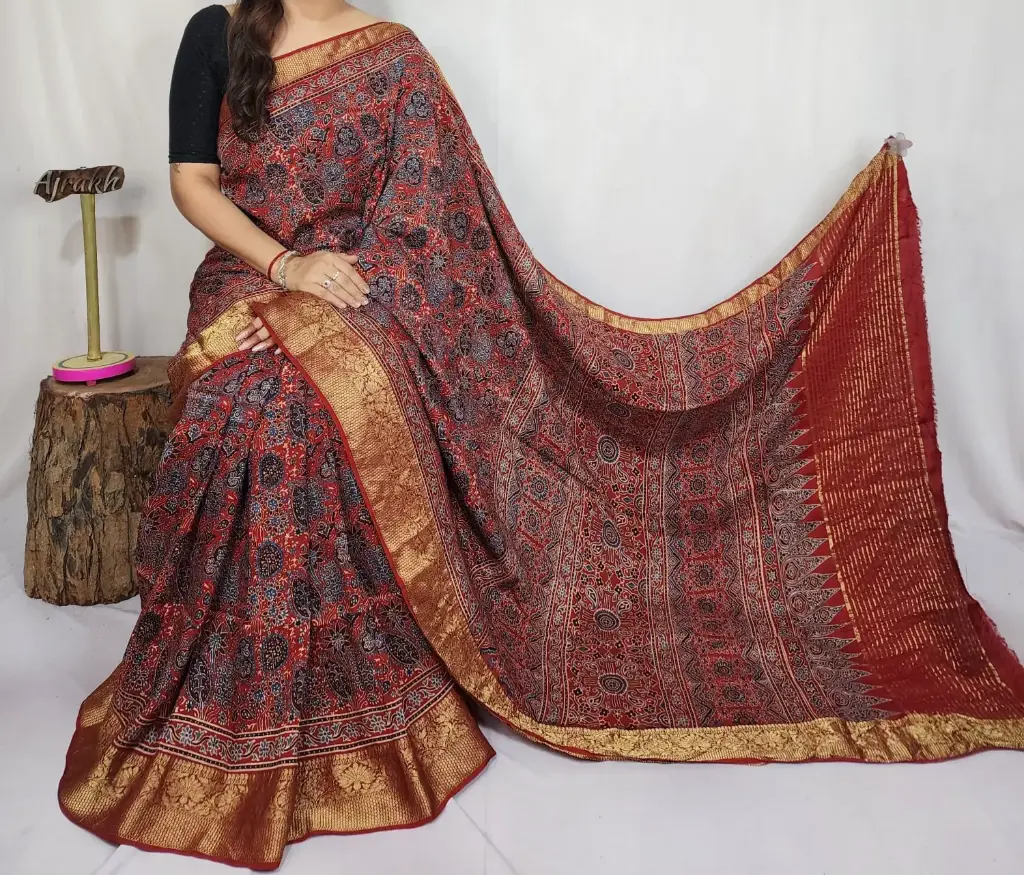 Ajrakh dola silk saree 