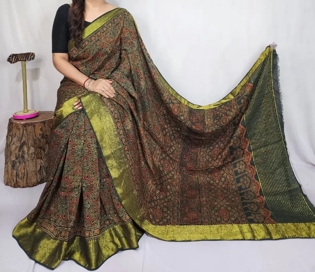 Ajrakh dola silk saree 