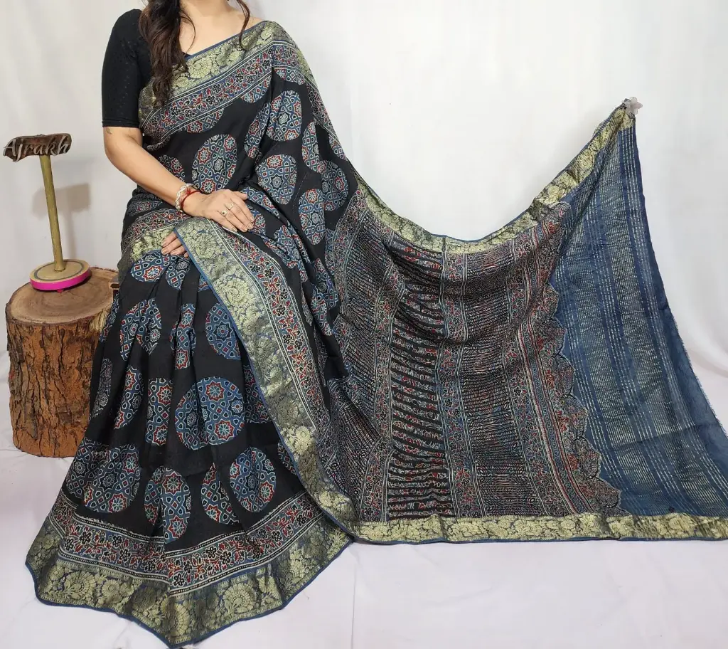 Ajrakh dola silk saree 