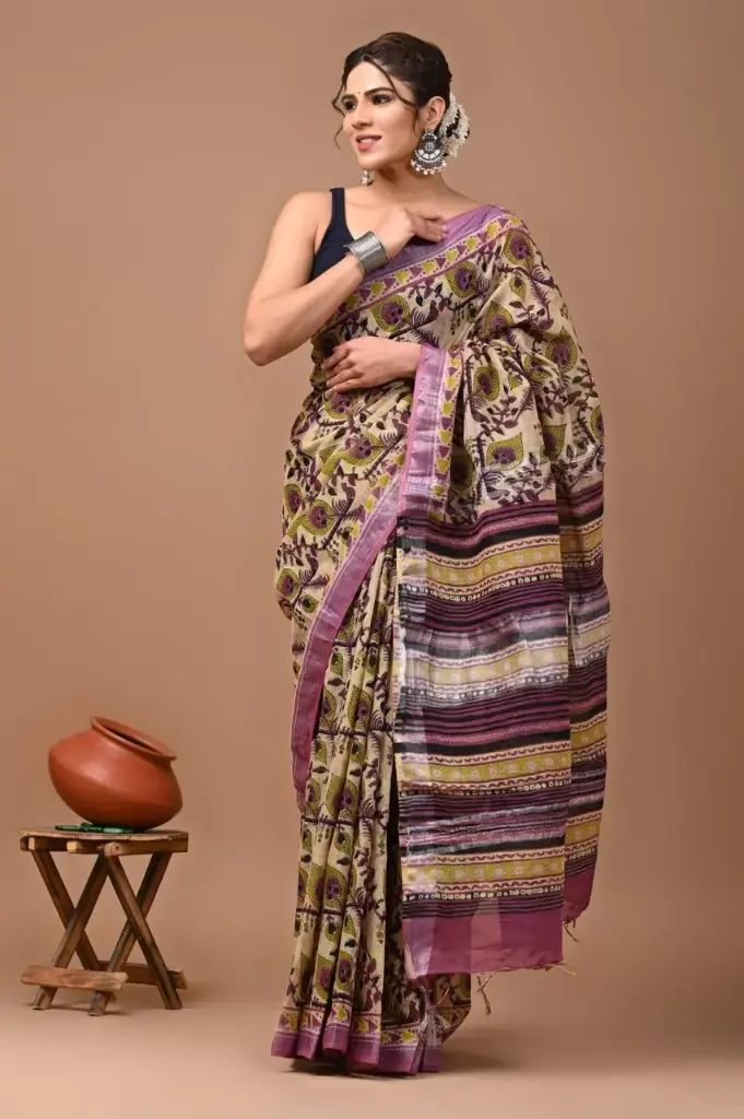 Bagru handblock linen saree