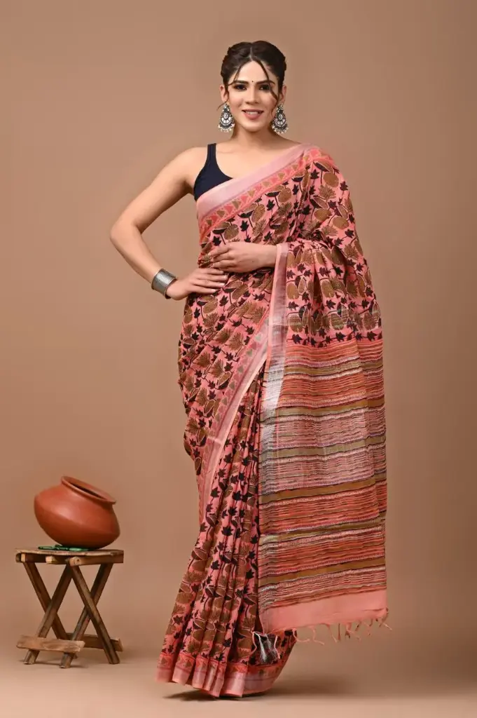 Bagru handblock linen saree