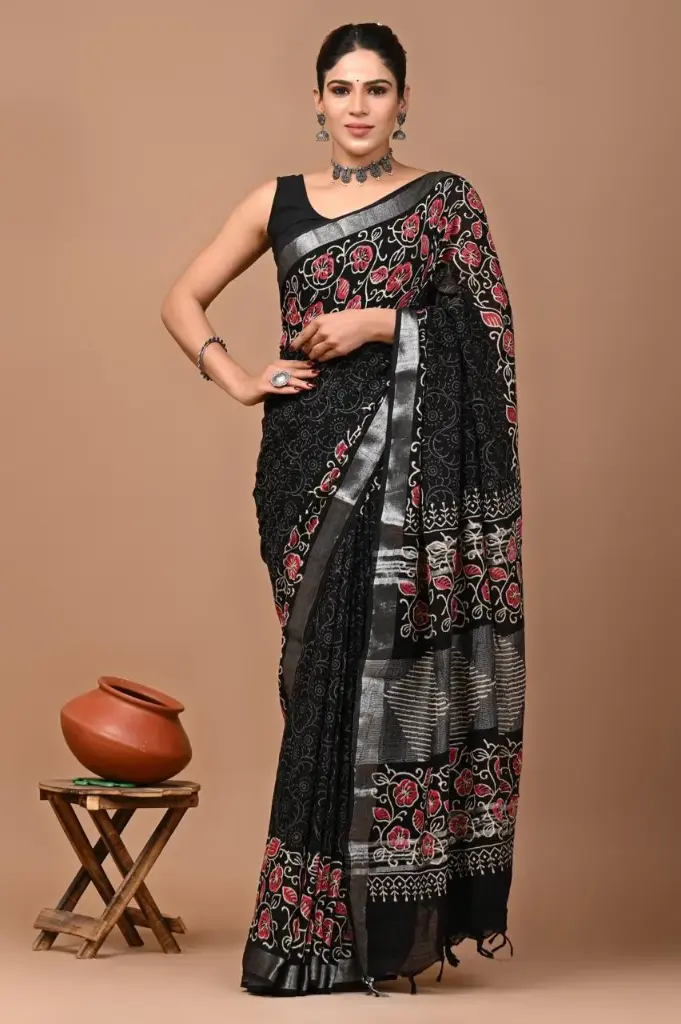 Bagru handblock linen saree