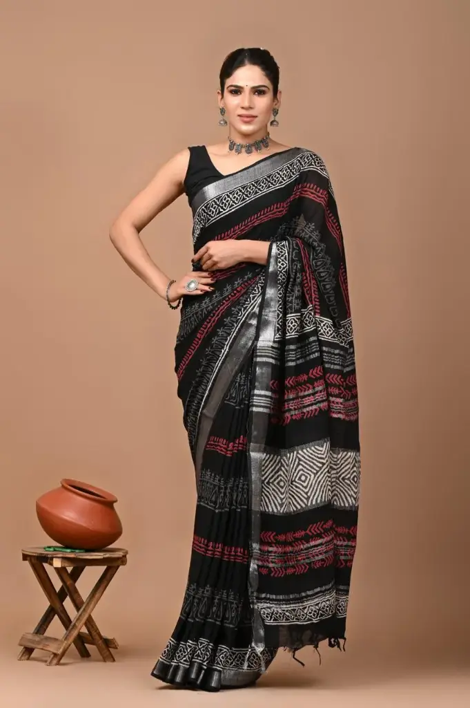 Bagru handblock linen saree