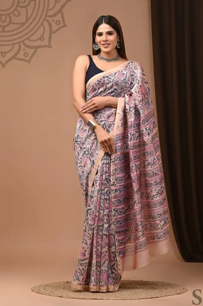 Handblock chanderi silk saree 