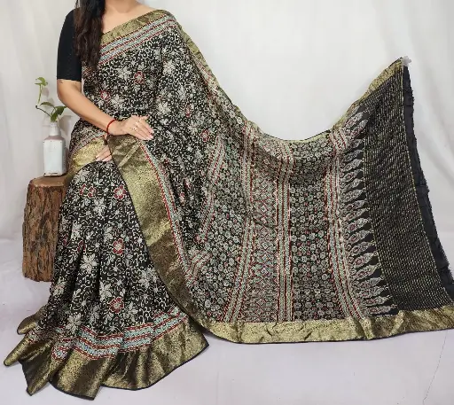 Ajrakh dola silk saree 