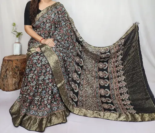 Ajrakh dola silk saree 