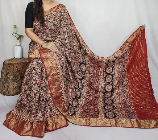 Ajrakh dola silk saree 