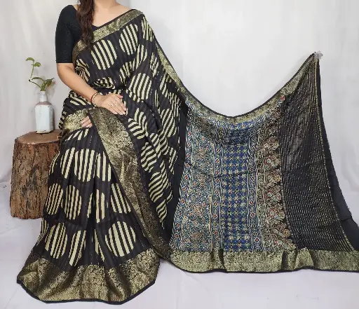 Ajrakh dola silk saree 