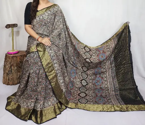 Ajrakh dola silk saree 