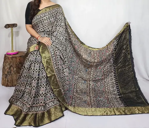 Ajrakh dola silk saree 