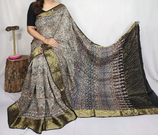 Ajrakh dola silk saree 