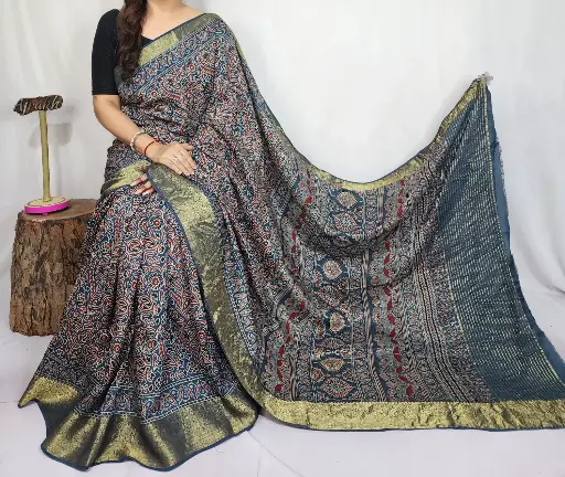 Ajrakh dola silk saree 