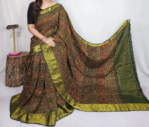 Ajrakh dola silk saree 