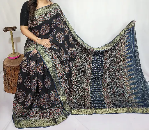 Ajrakh dola silk saree 