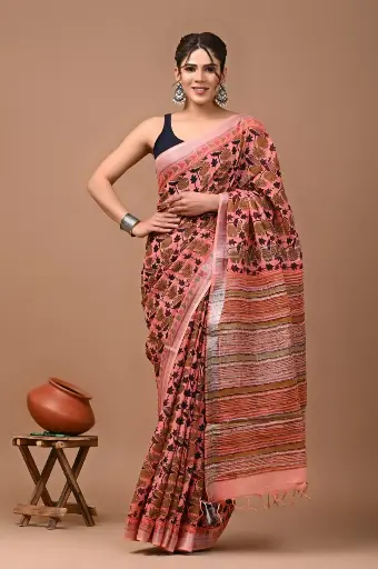 Bagru handblock linen saree