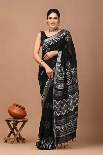 Bagru handblock linen saree